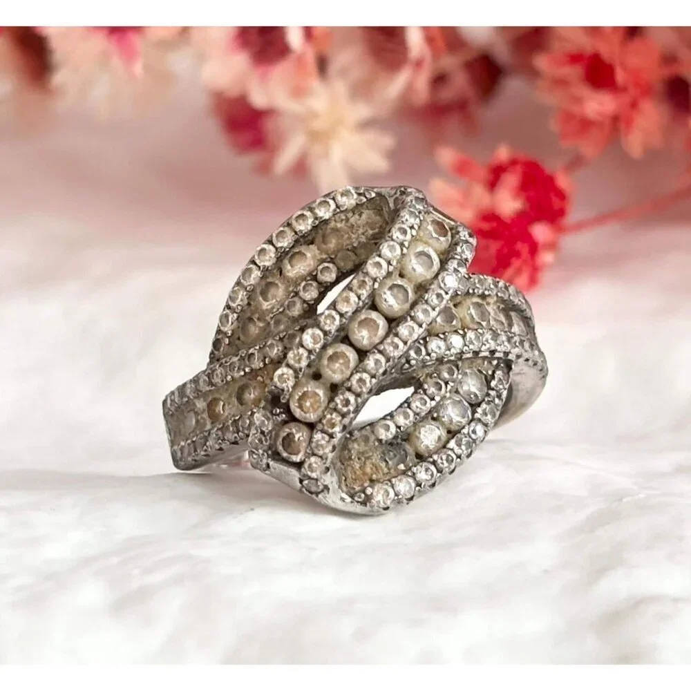 Cluster CZ Gemstone Folded Shank Sterling Silver 925 Vintage Ring - sz 5.25